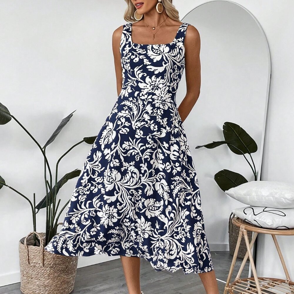 Blue Boho Women's Floral Square Neck Sleeveless Midi Dress - Picture 3 of 7